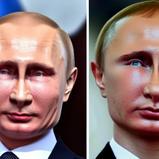 Image similar to putin teams up with a teenage putin, perfect faces