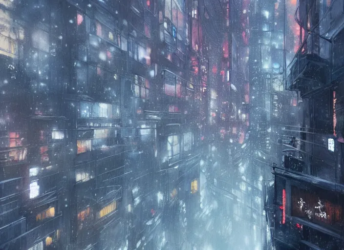 Prompt: man sitting on top of building ledge snowing snowy film photo night time serene city scape (((Wadim Kashin Wenjun Lin Bladerunner2049))) ((somber melancholic))