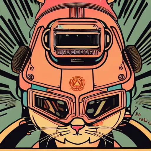 Image similar to Illustrated by Shepard Fairey and Moebius | Cyberpunk cute kitty with VR helmet, surrounded by cables