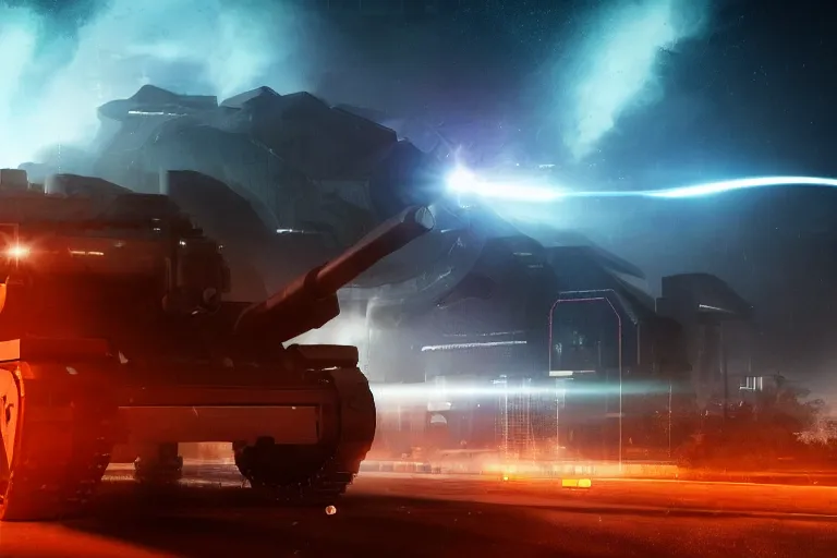 Image similar to large futuristic tank with with a cannon that fires black holes, futuristic city on fire, night, fog, thunder, rain, cinematic, volumetric lighting, f 8 aperture, cinematic eastman 5 3 8 4 film, photorealistic