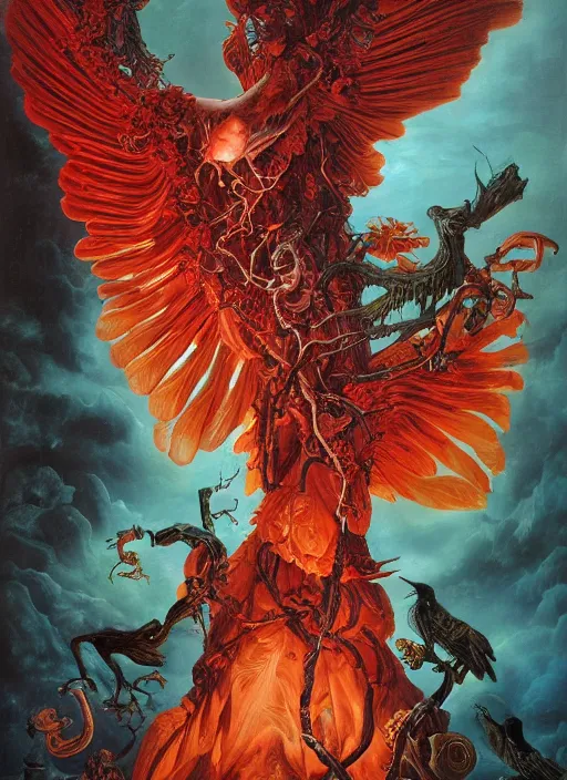 Prompt: an anatomical oil painting of a bioluminescent Bird from a medical journal by Nychos, Julie Bell, Peter Mohrbacher highly detailed, 8k, birds, mushrooms, flowing fabric, splashes of red, dramatic lighting