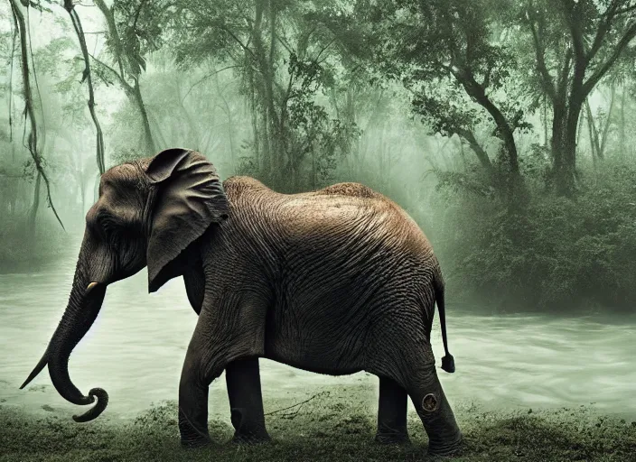 Image similar to an elephant octopus chimera, in a jungle with ominous light from above, great photography, ambient light, fog, river