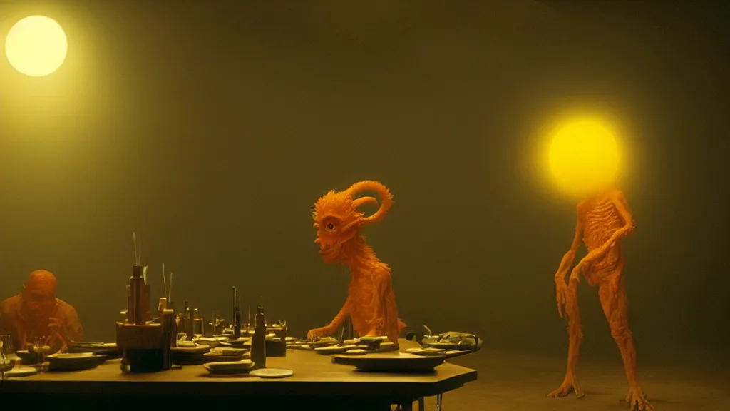 Image similar to the bright sun creature in the restaurant, film still from the movie directed by denis villeneuve and david cronenberg with art direction by zdzisław beksinski and dr. seuss