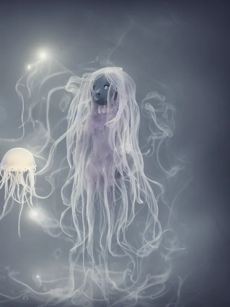 Prompt: cute fumo chibi plush beautiful ectoplasmic gothic skeletal jellyfish ghost girl, glowing milky wisps of hazy smoke and volumetric fog on a still reflective river, lens flare, subsurface scattering, vignette, asymmetry, bokeh, refraction, vray