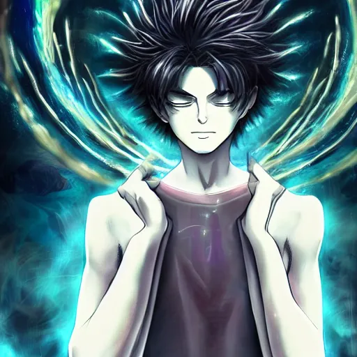 Image similar to a powerful psychic man emitting psychic power, psychic, psychic powers, detailed, highly detailed, hyper detailed, aesthetic!, trending on artstation, artstation, trending on tumblr, in the style of Deathnote anime, fantasy, fantasy aesthetic!,