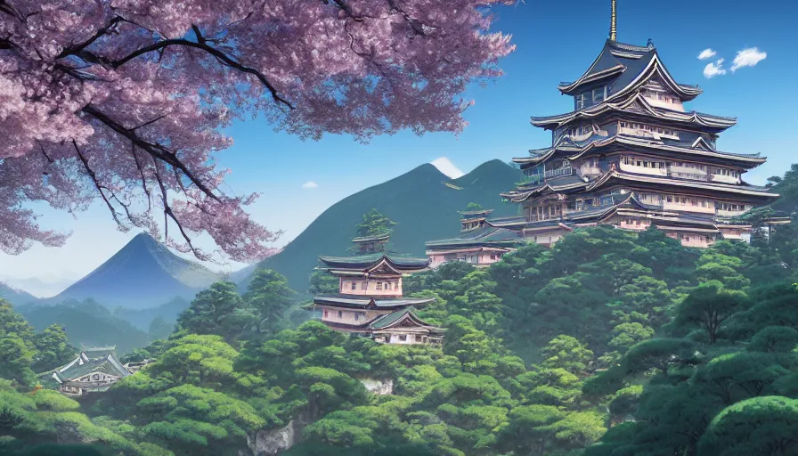 Prompt: A highly detailed matte painting of a large japanese castle, in the tall mountains, with matsu pine trees, with sakura cherry trees, by Studio Ghibli, Makoto Shinkai, by Artgerm, by beeple, volumetric lighting, octane render, 4K resolution, trending on artstation, masterpiece