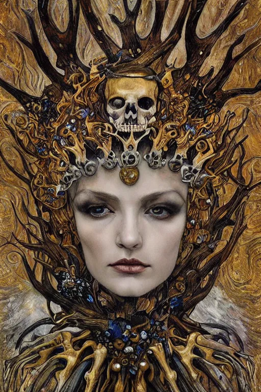 Prompt: The Crown of Bones by Karol Bak, Jean Deville, Gustav Klimt, and Vincent Van Gogh, mystic eye, otherworldly, crown made of bones, antlers, horns, ornate jeweled crown, skull, fractal structures, arcane, inferno, inscribed runes, infernal relics, ornate gilded medieval icon, third eye, spirals, rich deep moody colors