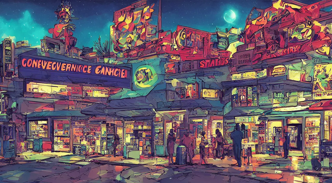 Image similar to convenience store roadside south west night sky stars beautiful artstation 4 k breathtaking graphic novel concept art illustration cartoon by jack kirby