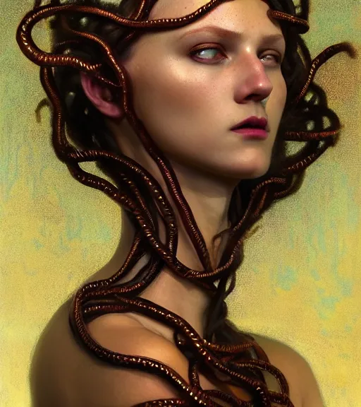 Image similar to portrait of alopecia naughty teen medusa, vipers grow from her head, wearing an embroidered rusty tunic, dark background, intricate, elegant, copper and emerald jewelry, glowing lights, highly detailed, digital painting, artstation, concept art, smooth, sharp focus, illustration, art by wlop, mucha, artgerm, and greg rutkowski