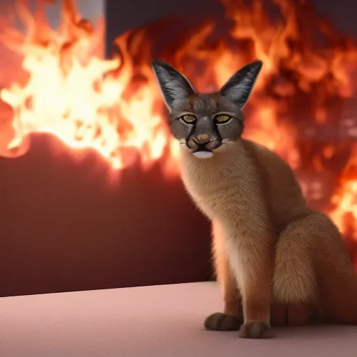 Prompt: wide-angle photo of fluffy cute caracal sitting on a chair in a room, flames of fire at background, octane render, 3d, 8k, hd, studio light