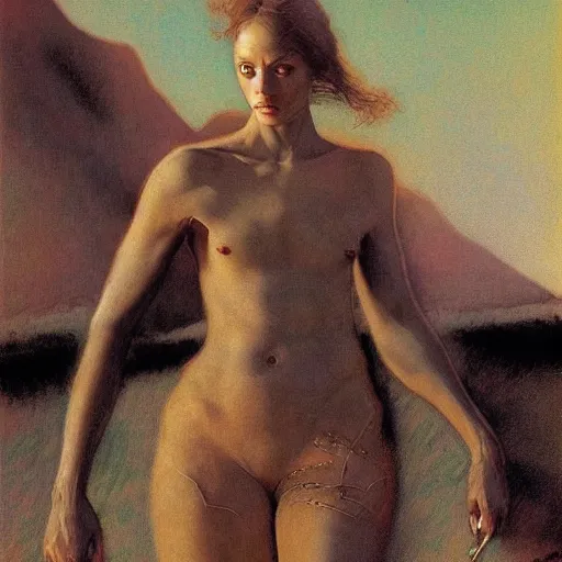 Image similar to masterpiece full body portrait of a beautiful Fremen woman with a perfect body on Dune, by Edgar Maxence and Ross Tran and Michael Whelan and Gustav Klimpt