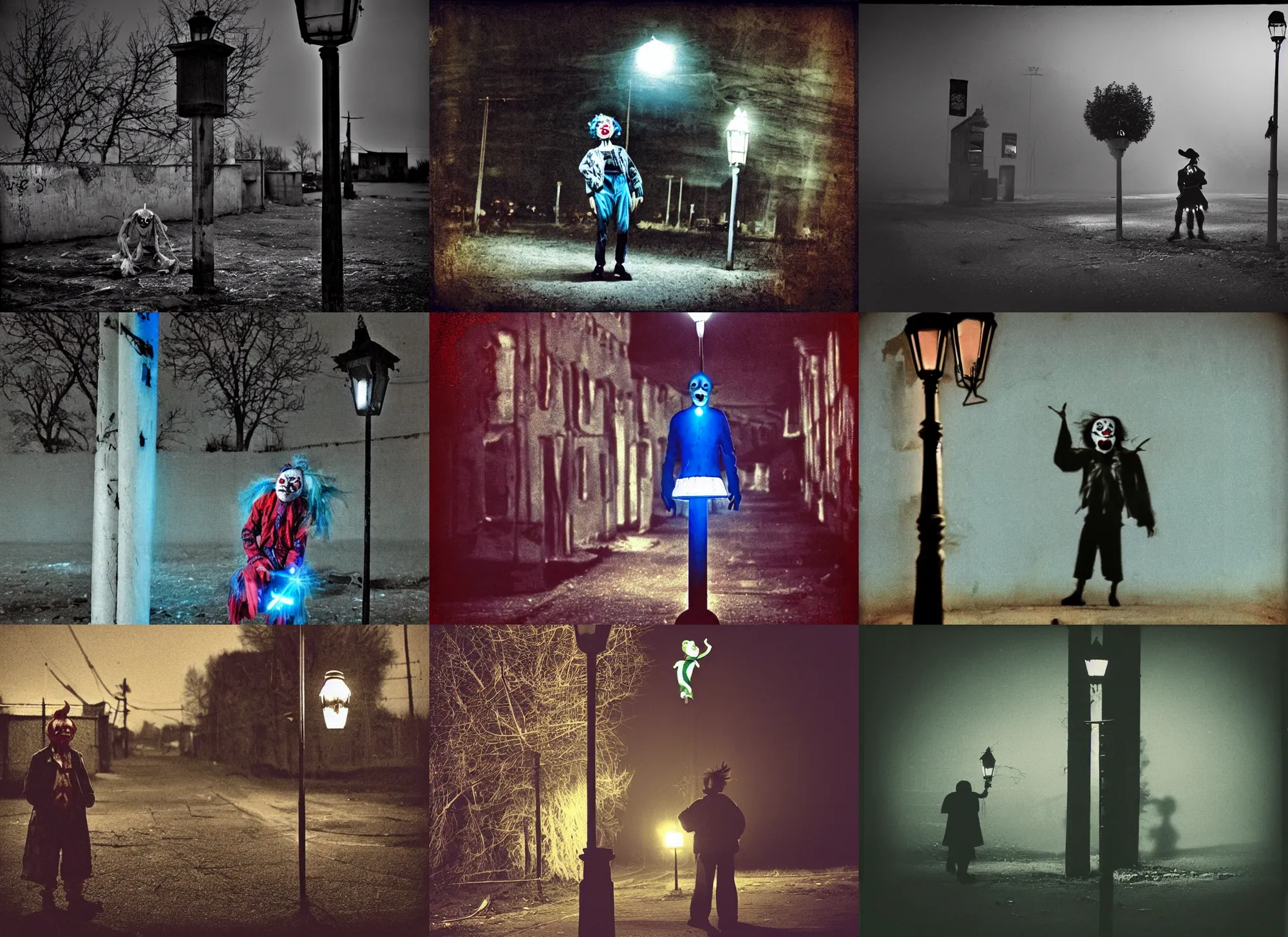 Prompt: a thin scary clown in torn clothes stands under a lamppost that shines a blue light on the clown, pitch darkness around the post, everything happens at night in an old Soviet village, the photo was taken from afar, Colourful, Cinematic, filmic, 35mm, dark atmosphere, horror, scary, Wildlife photography, Polaroid, bad quality, distorted, Night, dark