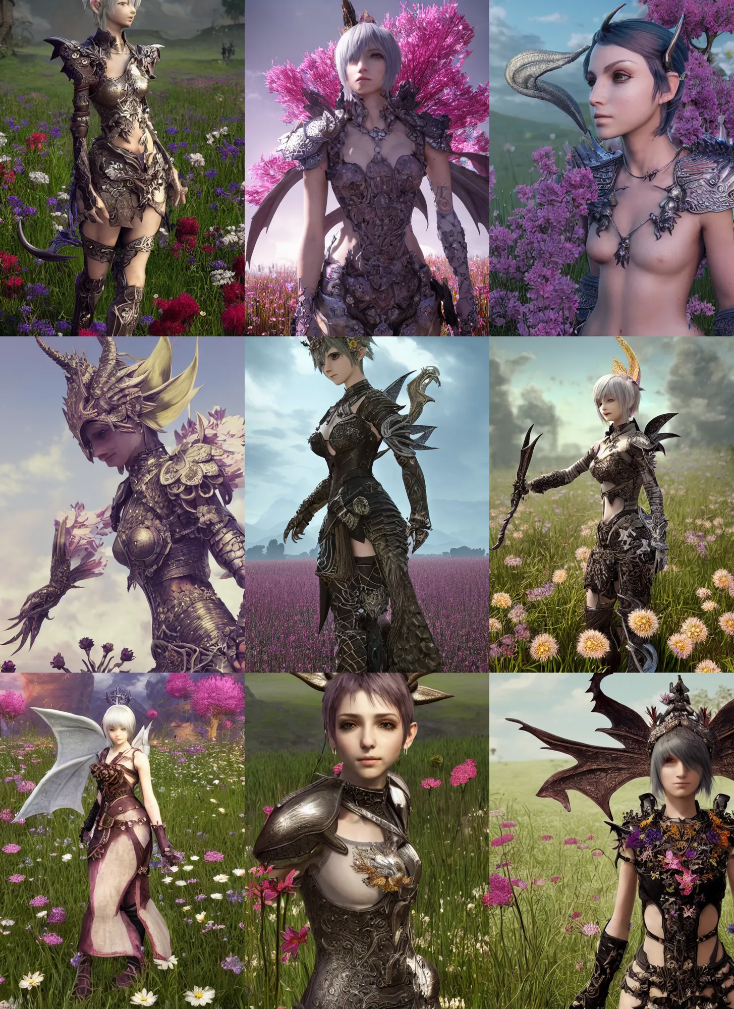 Prompt: character portrait of an au ra with a pixie cut and dragon scales adorning the skin standing in a field of flowers wearing armor, in the style of final fantasy xiv, octane render, a realistically proportioned face, photorealistic eyes, good value control, smooth, realistic shading, realistic face details, illustration, substance painter, very highly detailed