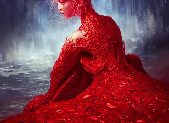 Image similar to woman in love sit upon a scarlet coloured beast, pain, royal dress, light effect, hyper detailed, intricate, atmospheric, elegant, highly detailed, digital painting, artstation, concept art, matte, sharp focus, illustration, by james jean, andrei riabovitchev, marc simonetti, yoshitaka amano