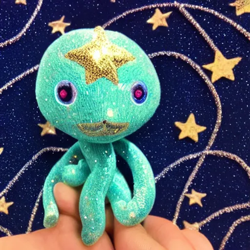 Prompt: a finely knit bipedal starry night blue snake plush doll, wearing peacock feather mage robes with gold accent jewelry, inside a handcrafted cardboard observatory to look at the hand painted night sky full of glittery star stickers and glow in the dark star stickers, adorable, charming, macro camera lens, well lit, cinematic, real life, led lights, cotton clouds