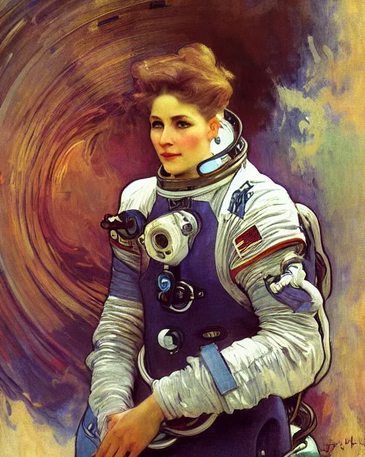 Prompt: A portrait of an astronaut from the year 2082, painting by Daniel f Gerhartz, Alphonse Mucha, Edmund Dulac, John Singer Sargent, loish