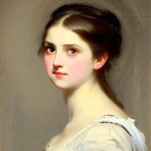 Image similar to beautiful portrait of a young woman with gentle eyes by franz xaver winterhalter, circa 1 8 6 3