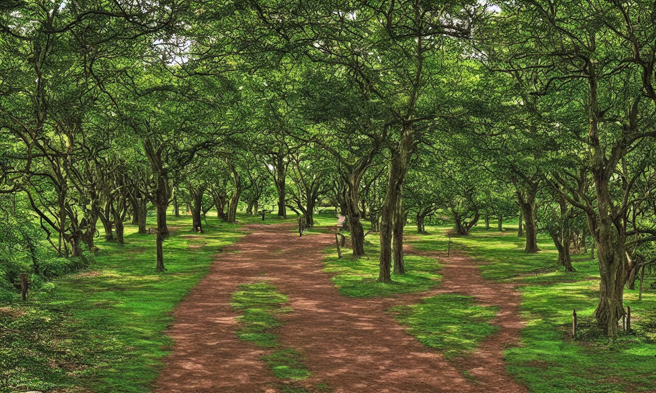 Prompt: english park maze ancient train pathways and walkers, digital art, perfect lighting