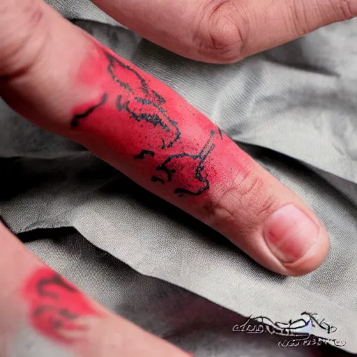 Image similar to partly used command seal tattoo in red ink on the back of hand