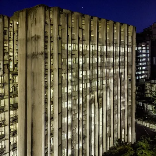 Image similar to a furturistic brutalist complex built in brutalism architecture, ten by ten kilometers large, with lush gardens and forests between the buldings, diverse unique building geometry full of shapes and corners, photography at night