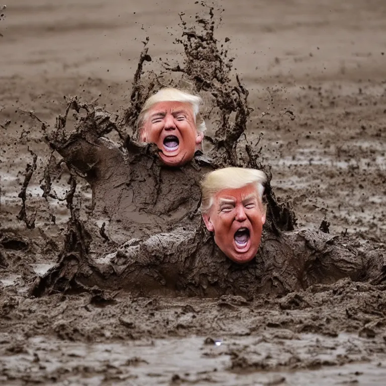 Prompt: flash photograph of Donald Trump wallowing in a mud pit. He is very angry and shouting.