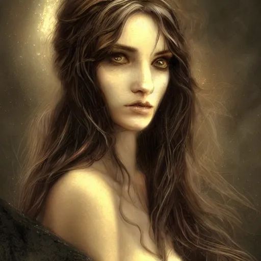 Image similar to masterpiece flemish candle light portrait of a beautiful! young woman, long hair, focused, ( writing with a feather ), digital painting by luis royo, artstation, deviant art, black background