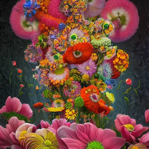 Image similar to hyper detailed 3d octane render illustration like a Oil painting - a vivid crazy flower bouquet, long petals, huge blossoms, by Jacek Yerka, Mariusz Lewandowski, Marious generative render, long brush strokes, Masterpiece, Edward Hopper and James Gilleard, Mark Ryden, Wolfgang Lettl, hints of Yayoi Kasuma, octane render, 8k