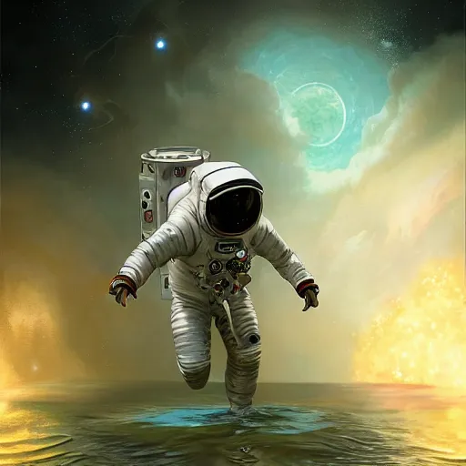 Prompt: photograph of an astronaut running on water，unreal engine 5, extreme detail, focused, masterpiece, art by Peter Mohrbacher