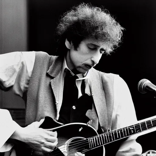 Image similar to bob dylan playing his guitar in the fulham football club stadium, photograph