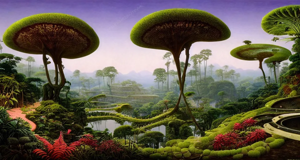 Prompt: huge woodlouse, axolotl, bones of dead animals, a landscape on the moon with many craters, tea terraces, a beautiful flowering garden, a lot of exotic vegetations, trees, intricate detaild, pale colors, 8 k, in the style of martin johnson heade and roger dean