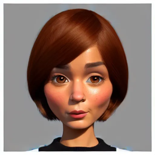 Image similar to A portrait of a round face woman, a cute 3d cgi toon woman with brown hair in a Bob, brown eyes, full face, olive skin, romanian heritage, medium shot, mid-shot, hyperdetailed, 8k, trending on artstation, as a Pixar character