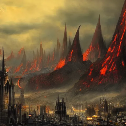 Image similar to mordor as a bustling city, extremely detailed, sharp focus, skyline, vast, gothic, lord of the rings, mount doom, 4 k, fantasy, concept art, gritty