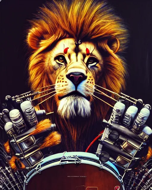 Prompt: a portrait of an anthropomorphic cyberpunk lion playing the snare drum with drumsticks by sandra chevrier, by jon foster, detailed render, tape deck, epic composition, cybernetics, 4 k realistic, cryengine, realistic shaded lighting, sharp focus, masterpiece, by enki bilal