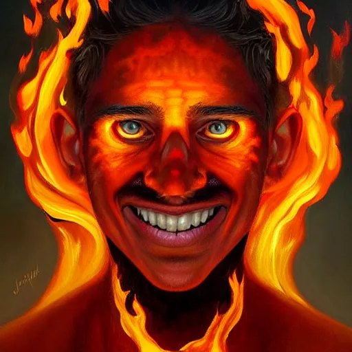 Image similar to a hyper realistic painting of a young fire - man, all face covered with a fire, fire all around him, coherent symmetrical eyes, cunning smile, by jeffrey smith, by andrea kowch, by steve henderson, masterpiece, trending on artstation,