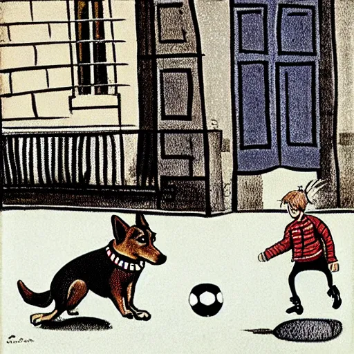 Prompt: book illustration of a french boy on the streets of paris playing football against a corgi, the dog is wearing a polka dot scarf, 1 9 6 6