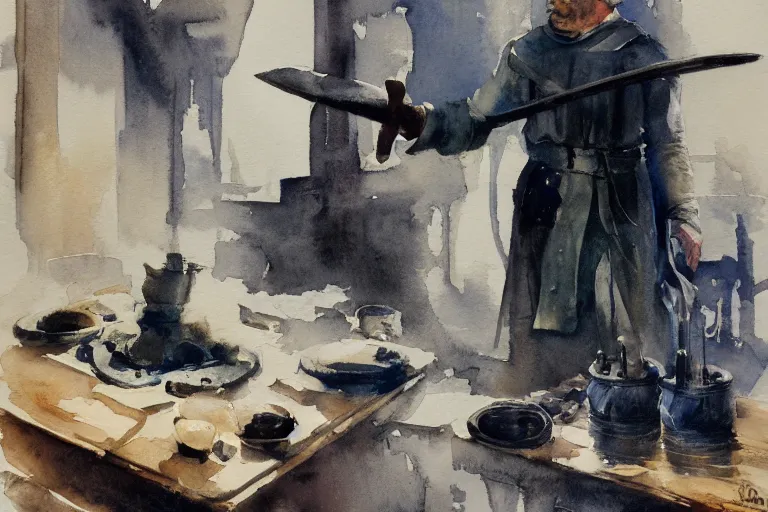 Prompt: centered on watercolor paper, paint brush strokes, smudged abstract watercolor painting of medieval blacksmith with apron, anvil, hammer, glow, forging a sword, cinematic light, national romanticism by hans dahl, by jesper ejsing, by anders zorn, by greg rutkowski, by greg manchess, by tyler edlin