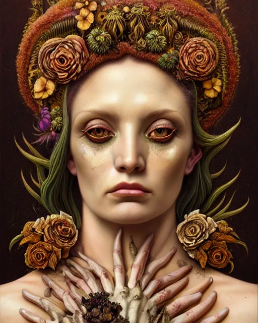 Image similar to portrait of the goddess of decay, unusual beauty, flowers and plants, emotionally evoking symbolic metaphors, head in focus, fantasy, ornamental, intricate, elegant, sensual, highly detailed digital painting, artstation, concept art, painterly, golden ratio, sharp focus, illustration, art by John William Godward and Boris Vallejo and Zdzisław Beksiński,