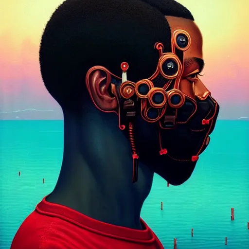 Image similar to a portrait of a black man :: side profile :: blood :: background sea :: intricate details :: futuristic oxygen mask :: 8k :: simon stalenhag and Sandra Chevrier