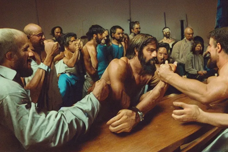 Prompt: a photo made with a disposable camera of God arm wrestling against Jesus Christ