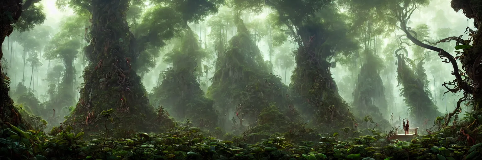 Image similar to Mysterious beautiful Buddhist forest, full of strange creatures and hidden buildings, forgotten ruined temples and ancient stone statues of forbidden sacred gods, jungle vines and fireflies, ayahuasca spirits drifting in the morning light, travellers beneath the giant trees, matte painting by Peter Mohrbacher, featured in artstation, octane render, cinematic, elegant, intricate, 8k