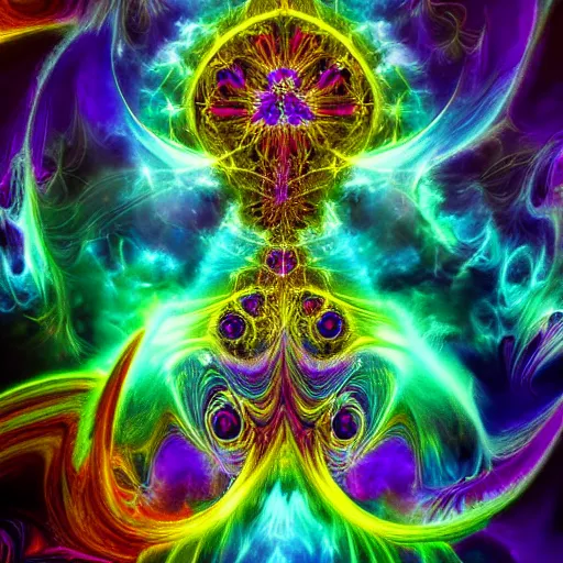 Image similar to hatred deity of psychedelic primordial interplanetary apophasis fractal flame inferno intricate detailed energy by Olivier and machinegod