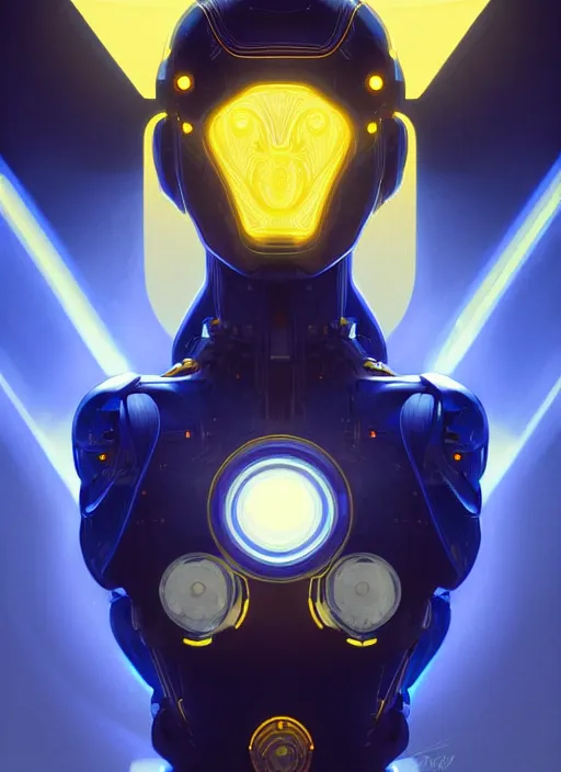 Image similar to symmetry!! portrait of robot, sci - fi, tech wear, blue and yellow glowing lights!! intricate, elegant, highly detailed, digital painting, artstation, concept art, smooth, sharp focus, illustration, art by artgerm and greg rutkowski and alphonse mucha