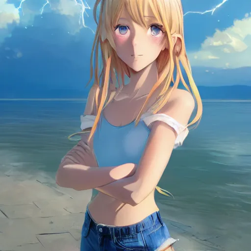 Image similar to a very beautiful anime girl, full body, long wavy blond hair, sky blue eyes, full round face, short smile, cute top, short jeans, summer lake setting, cinematic lightning, medium shot, mid-shot, highly detailed, trending on Artstation, Unreal Engine 4k, cinematic wallpaper by Stanley Artgerm Lau, WLOP, Rossdraws, James Jean, Andrei Riabovitchev, Marc Simonetti, and Sakimichan