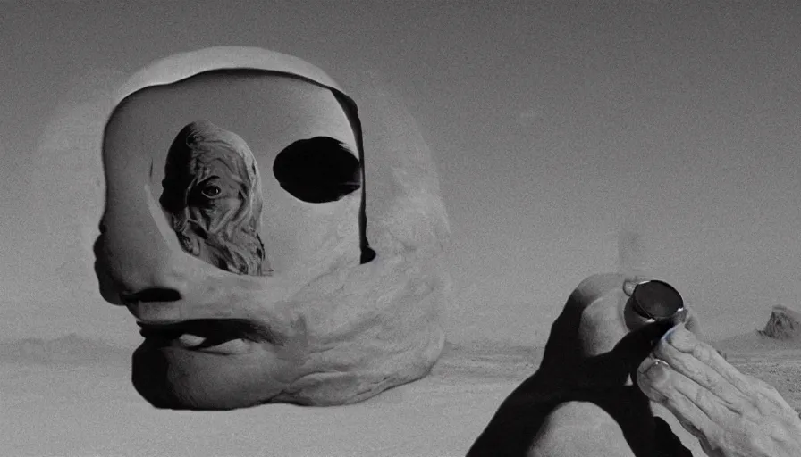 Image similar to glowing bene gesserit in full - face golden glowing mask meet salvador dali in a black rocky desert landscape with alienabandoned city beneath the sand and giant alien spaceship in the sky attacks the earth by christopher doyle and alejandro jodorowsky, anamorphic lens, kodakchrome, cinematic composition, very detailed photo, 8 k,