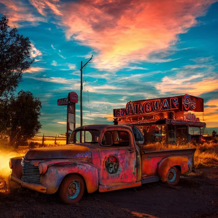 Image similar to a sunset light landscape with historical route 6 6, lots of sparkling details and sun ray ’ s, blinding backlight, smoke, volumetric lighting, colorful, octane, 3 5 mm, abandoned gas station, old rusty pickup - truck, beautiful epic colored reflections, very colorful heavenly, softlight