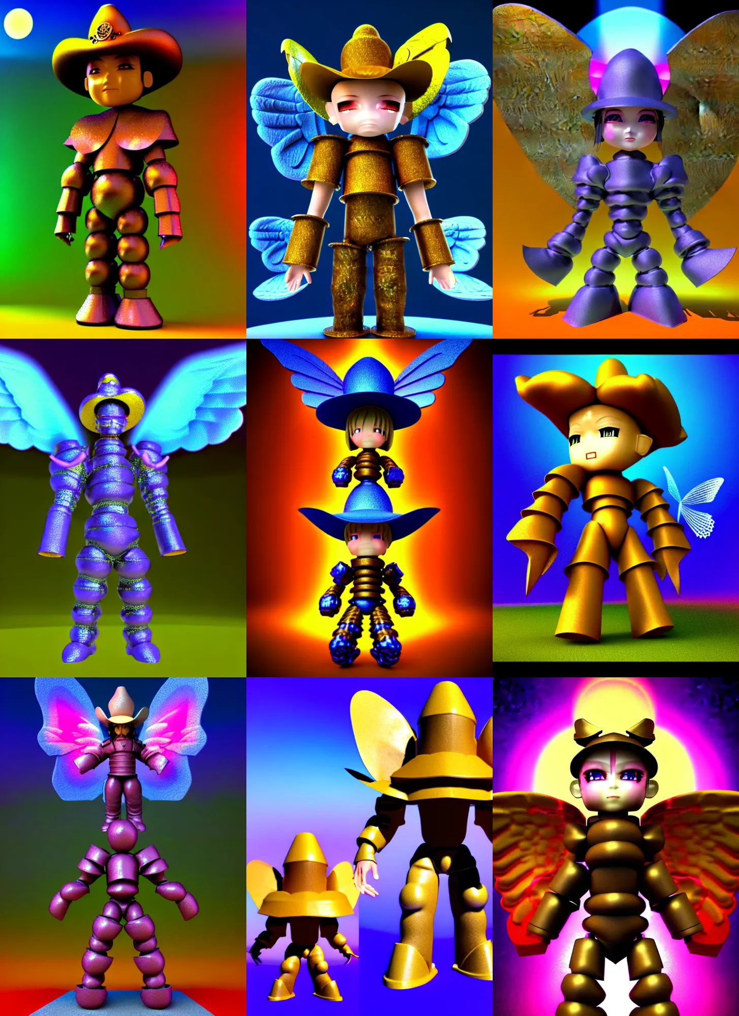 Prompt: 3d render of chibi fantasy iron golem by Ichiro Tanida wearing a big cowboy hat and wearing angel wings against a psychedelic swirly background with 3d butterflies and 3d flowers n the style of 1990's CG graphics 3d rendered y2K aesthetic by Ichiro Tanida, 3DO magazine