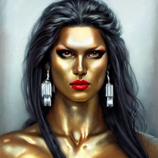 Prompt: detailed oil portrait of tall hyper - muscular shining bronze - skinned warrior woman with silver eyes, full body, with long wavy flowing black hair and big gold earrings, jewelry, red lipstick, makeup, feminine, volumetric lighting, dynamic composition, art by boris vallejo and sachin teng and sergey kolesov and ruan jia and heng z, scifi, concept art