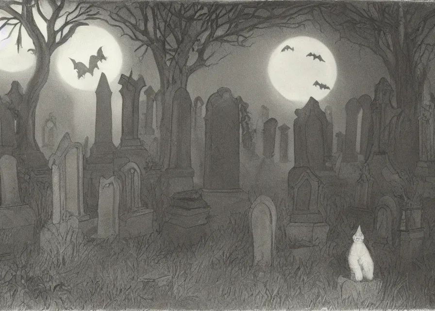 Image similar to a highly detailed portrait of a cat in a moonlit gothic cemetary with some bats and a ghost floating between the gravestones, boke, tilted frame, henry cartier bresson