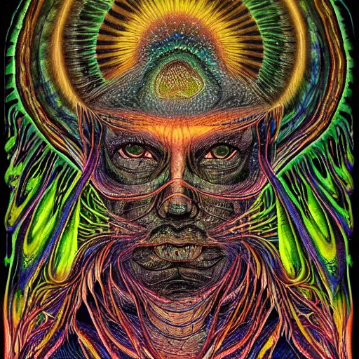 Prompt: dark portrait of one Bioluminescent old shaman, with cracked reaction diffusion semi-transparent skin. multicolored fish scales, closeup. long dark hair with insects. realistic. intricate, very detailed, by alex grey and Moebius