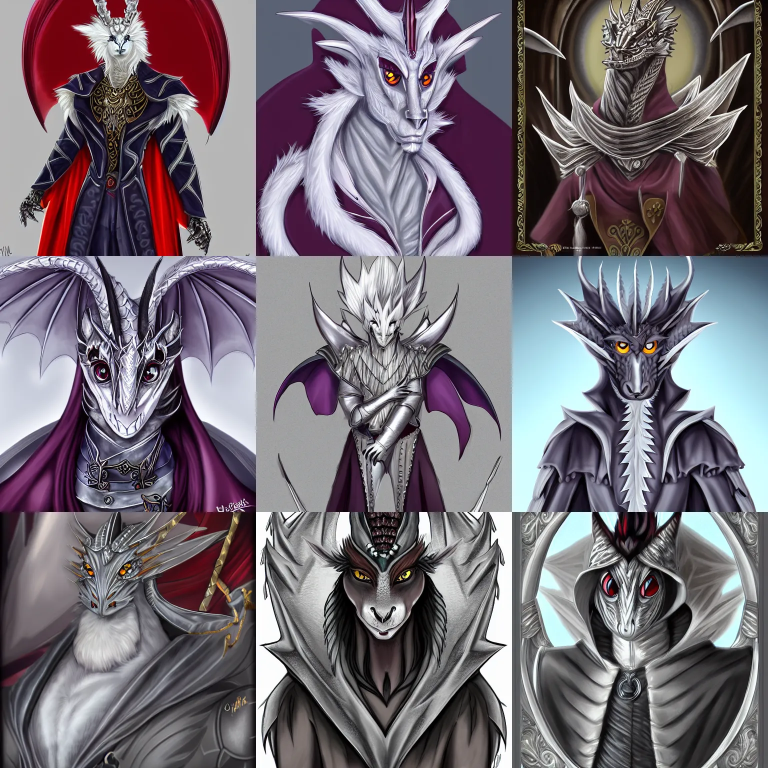Prompt: portrait of a handsome noble anthropomorphic silver dragon, male, wearing a royal cape, large eyes, commission on furaffinity